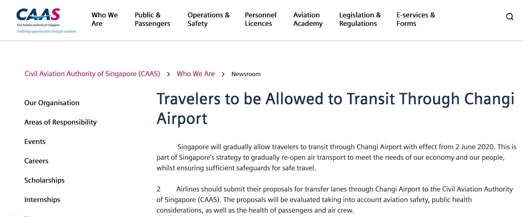 回国又多了一条路 樟宜机场6月2日起将逐步允许旅客转机 Capse民航旅客服务测评