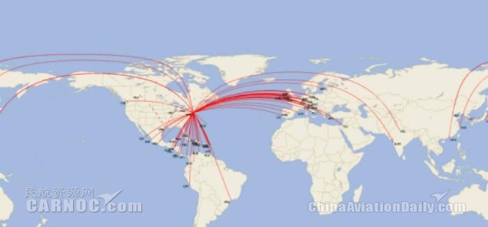 美国联合航空在纽约（纽瓦克）的国际地区航线网络图