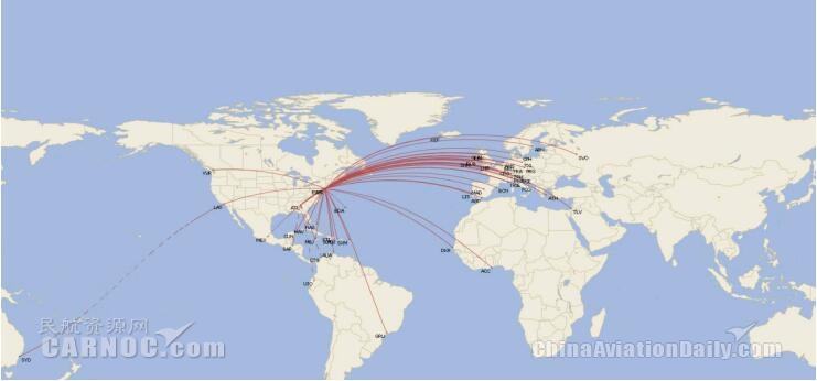 美国航空在纽约（肯尼迪）的国际地区航线网络图