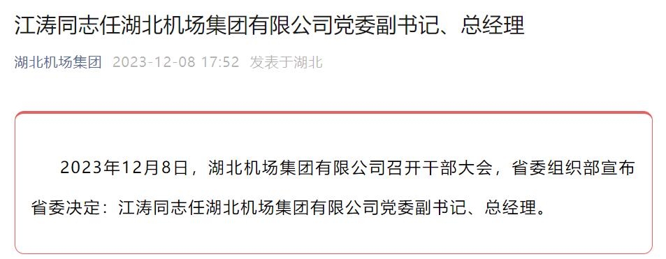 湖北机场集团有限公司总经理调整