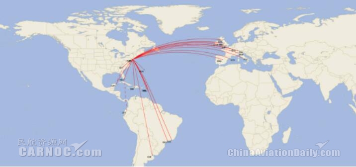 达美航空在纽约（肯尼迪）的国际地区航线网络图