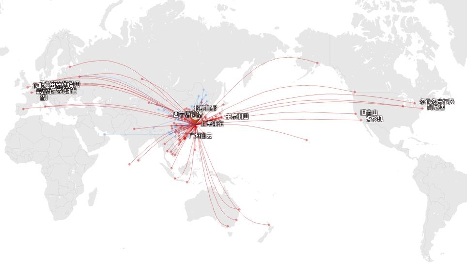 东航2017年9月在上海浦东的航线网络